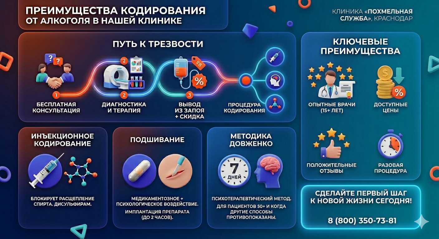 Инфографика о методах кодирования от алкоголя в Черепаново: инъекции, подшивание, метод Довженко. Преимущества клиники и этапы лечения.