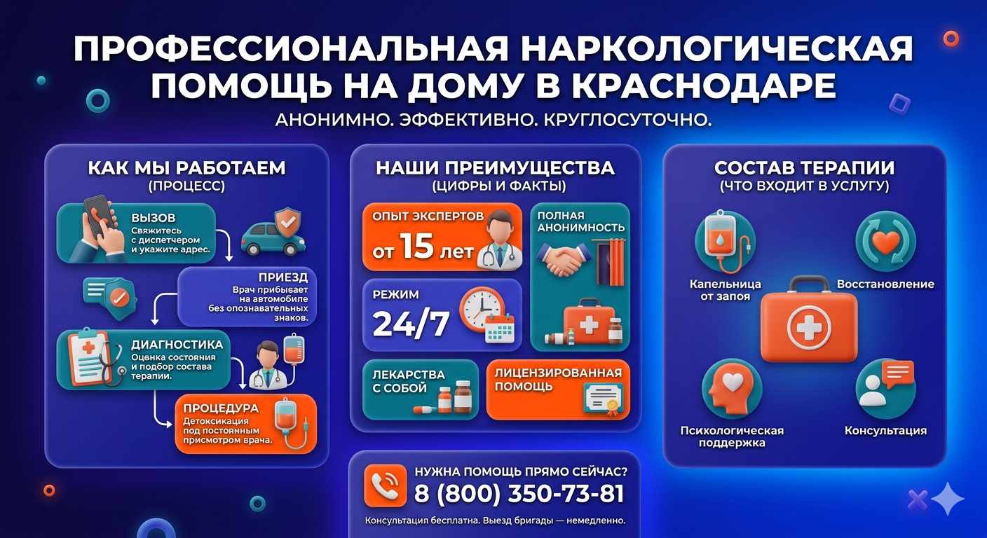 Инфографика о принципах лечения алкоголизма на дому в Черепаново: этапы вызова нарколога, преимущества анонимной детоксикации и состав медицинской помощи.